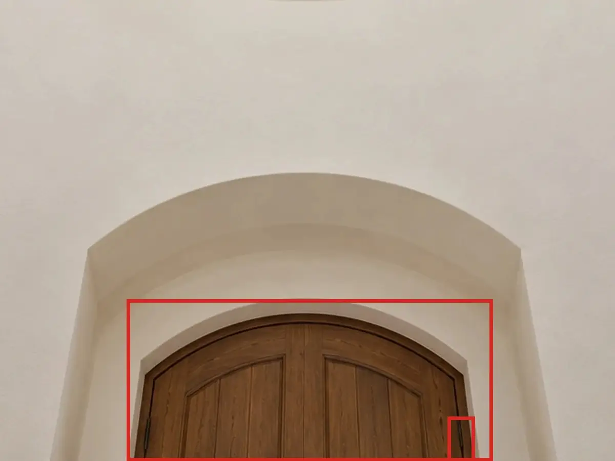 Rotunda, looking up, as first drawn, the mistake boxed in red: The front door at the bottom read as a pair of doors, with a hinge showing on each edge.