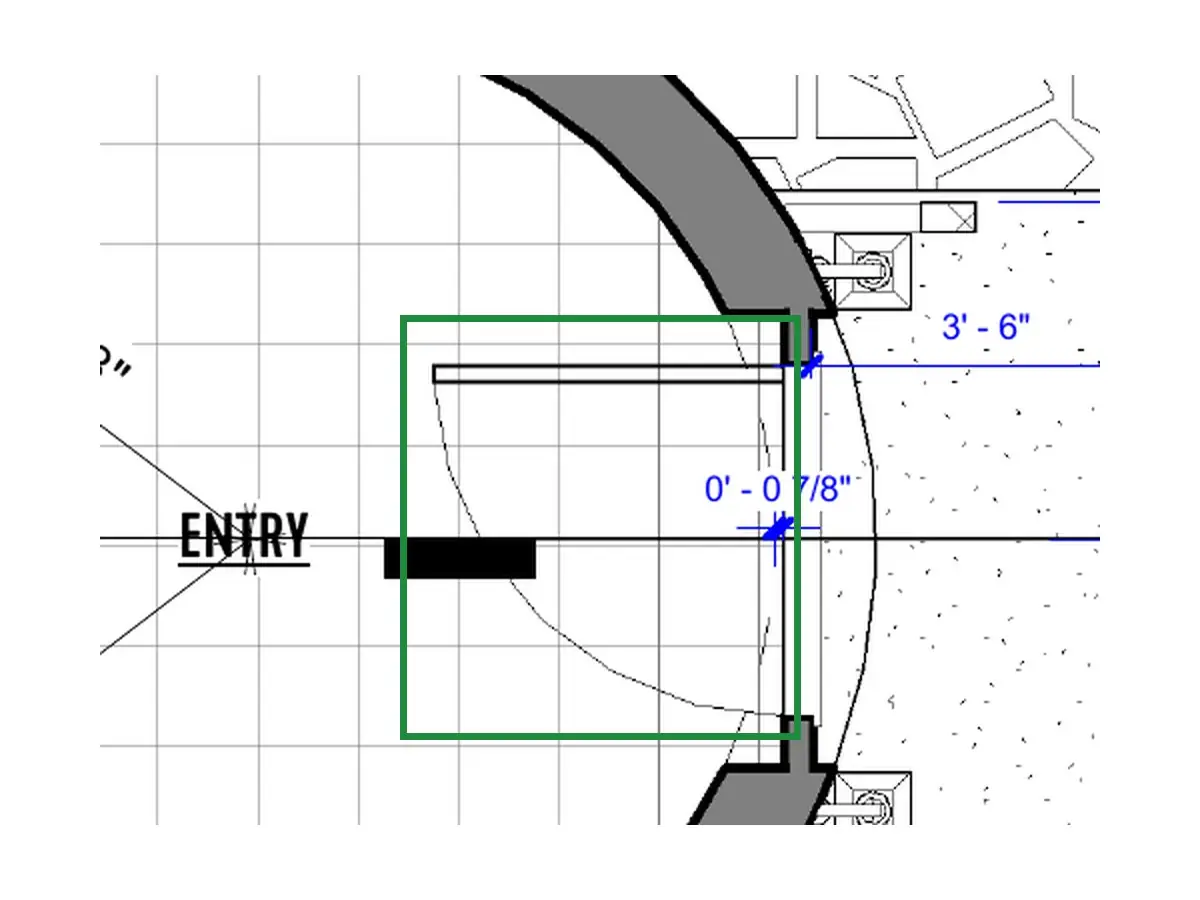 A2.1 · floor plan, boxed in green where it shows what belongs there: The entry is one round-top door (A2.3), and A2.1 hangs it on its north jamb, which is its left edge from here; 08 and 13 show it as one door.