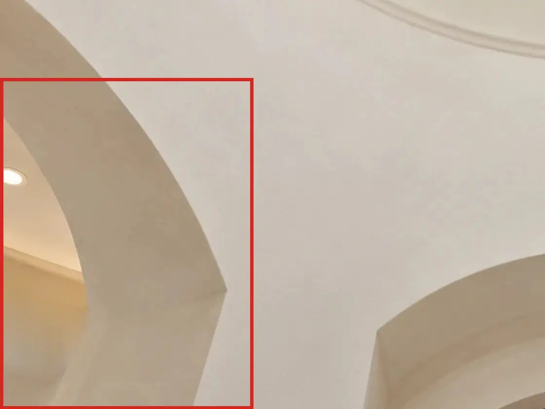 Rotunda, looking up, as first drawn, the mistake boxed in red: On the left, an open arch into a lit room, where the garage door is.