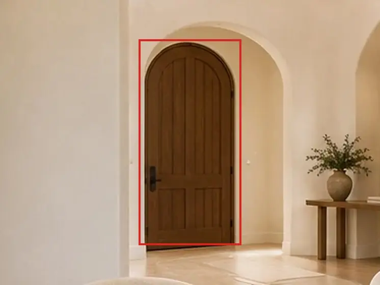 Great room overview, as first drawn, the mistake boxed in red: Through the arch, the front door was hung the wrong way round: lever on the left, hinges on the right.
