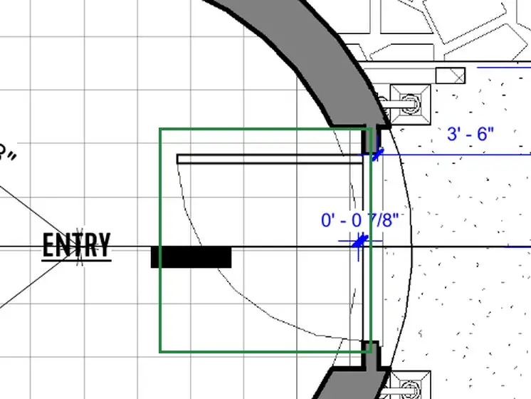 A2.1 · floor plan, boxed in green where it shows what belongs there: A2.1 hangs door 1 on its north jamb, swinging into the rotunda: from here, hinges on the left and the lever on the right.
