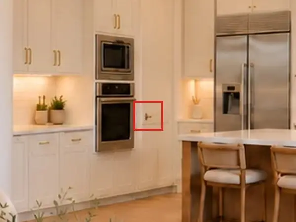 Great room overview, as first drawn, the mistake boxed in red: The pantry door's lever was on its hinge edge, hard against the oven tower.
