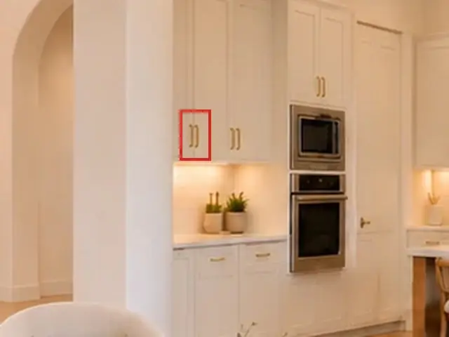 Great room overview, as first drawn, the mistake boxed in red: Over the counter, the middle upper door had a pull on both edges, so it couldn't be hinged on either.