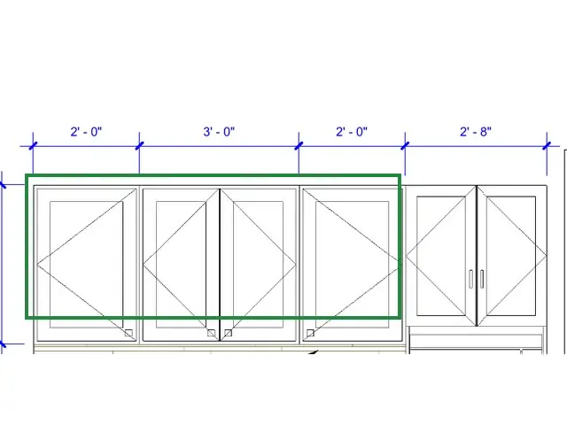 A2.2 · kitchen wall 2, boxed in green where it shows what belongs there: A2.2's kitchen wall 2 draws a single door, a pair and a single there: one pull to a door, on its opening edge.