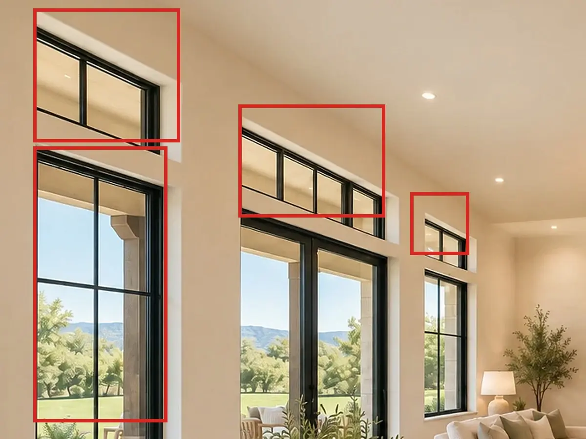 Great room toward the TV wall, as first drawn, the mistake boxed in red: Over the back wall's openings, the small windows were drawn as continuous rows of glass; the near window had a horizontal bar, and the posts outside read pale and stony.