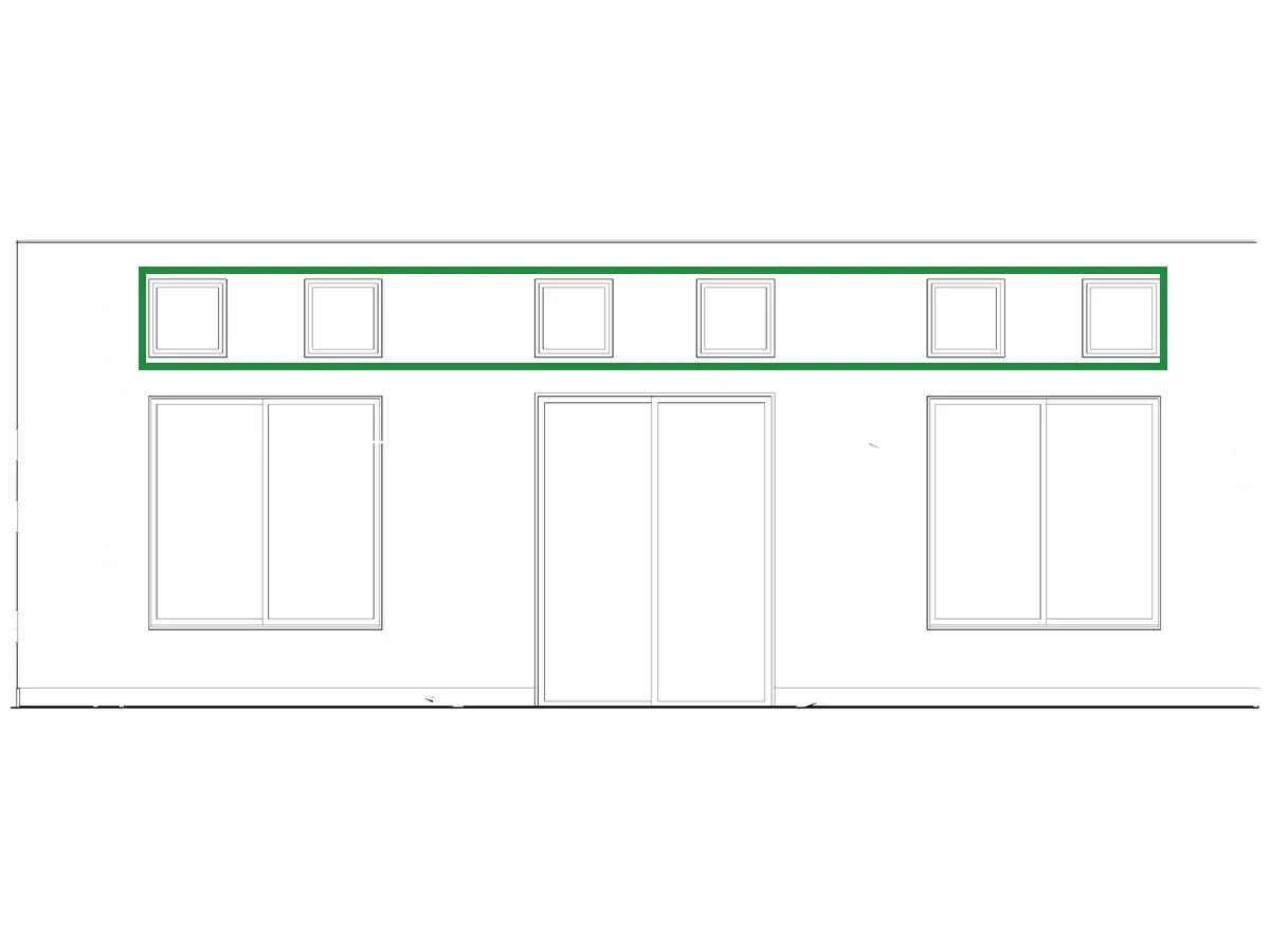 A2.2 · great room wall 4, boxed in green where it shows what belongs there: A2.2's great room wall 4 and 05 have two separate small square windows over each opening and a plain two-panel slider; 03 and 05 show stained-wood posts.