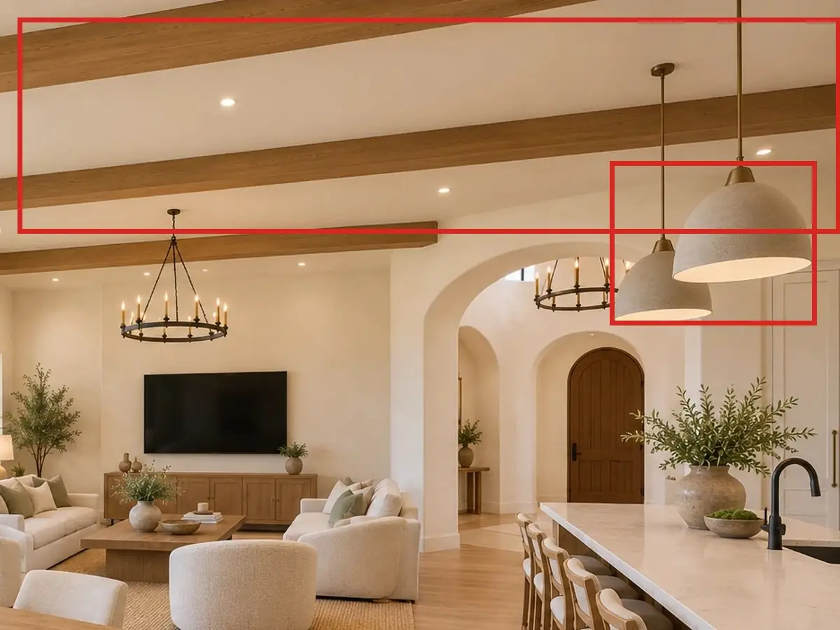 Great room toward the TV wall, as first drawn, the mistake boxed in red: Wood beams crossed the ceiling, and cream pendants hung over the island.