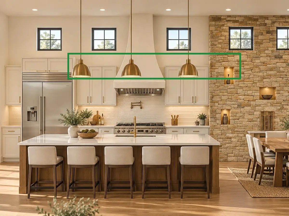 04 · the approved photo, boxed in green where it shows what belongs there: A2.1 notes a flat 12-ft ceiling, and the approved kitchen photo (04) has three brass pendants.