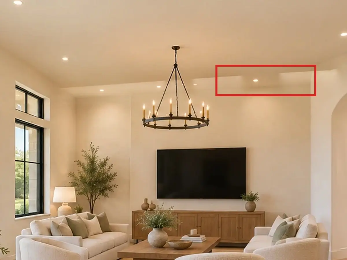 Great room toward the TV wall, as first drawn, the mistake boxed in red: A lowered band of ceiling ran along the TV wall.