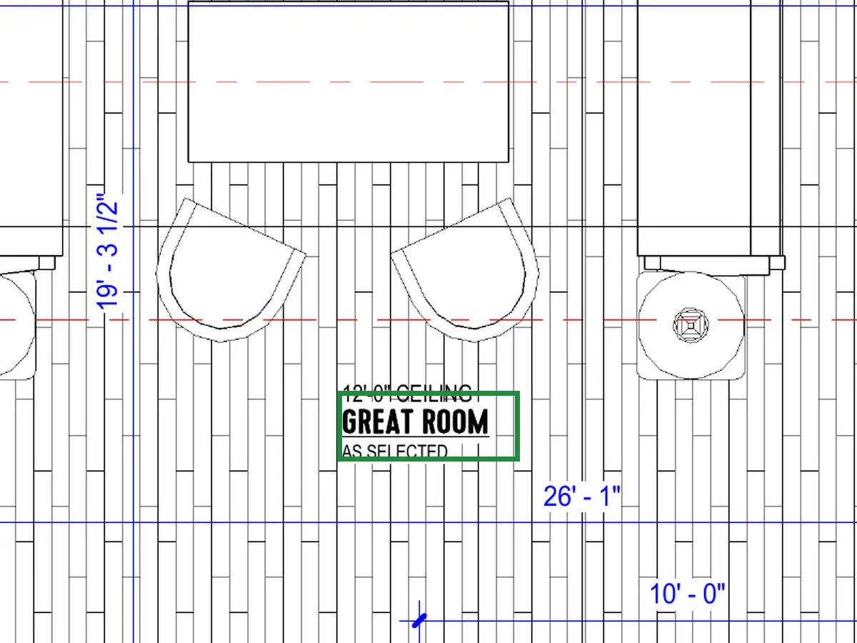 A2.1 · floor plan, boxed in green where it shows what belongs there: A2.1 notes one flat 12-ft ceiling in the great room, as 05 and 15 show it.