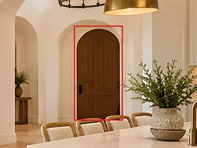 Great room toward the TV wall, as first drawn, the mistake boxed in red: Through the arch, the garage door had its lever on the left and its hinges on the right.