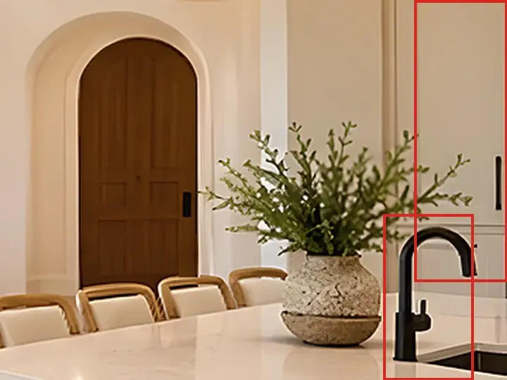 Great room toward the TV wall, as first drawn, the mistake boxed in red: The island's faucet was black, and a tall cabinet door stood at the right edge.