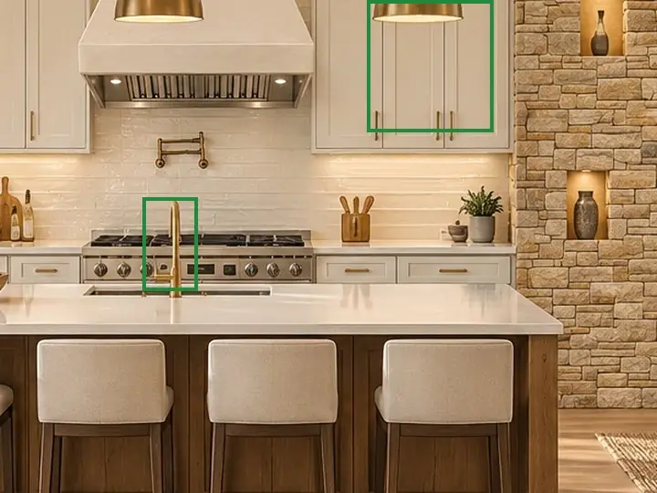 04 · the approved photo, boxed in green where it shows what belongs there: The approved kitchen (04) has a brass faucet, and its counters have upper cabinets over them, as the kitchen's elevations (A2.2) draw them.