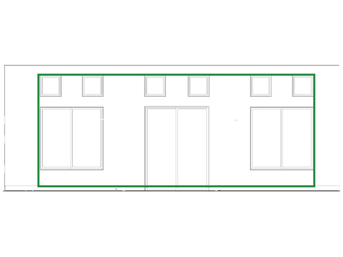 A2.2 · great room wall 4, boxed in green where it shows what belongs there: A2.2's great room wall 4: a window, the sliding door and a window, with wall between them and two small square windows above each.