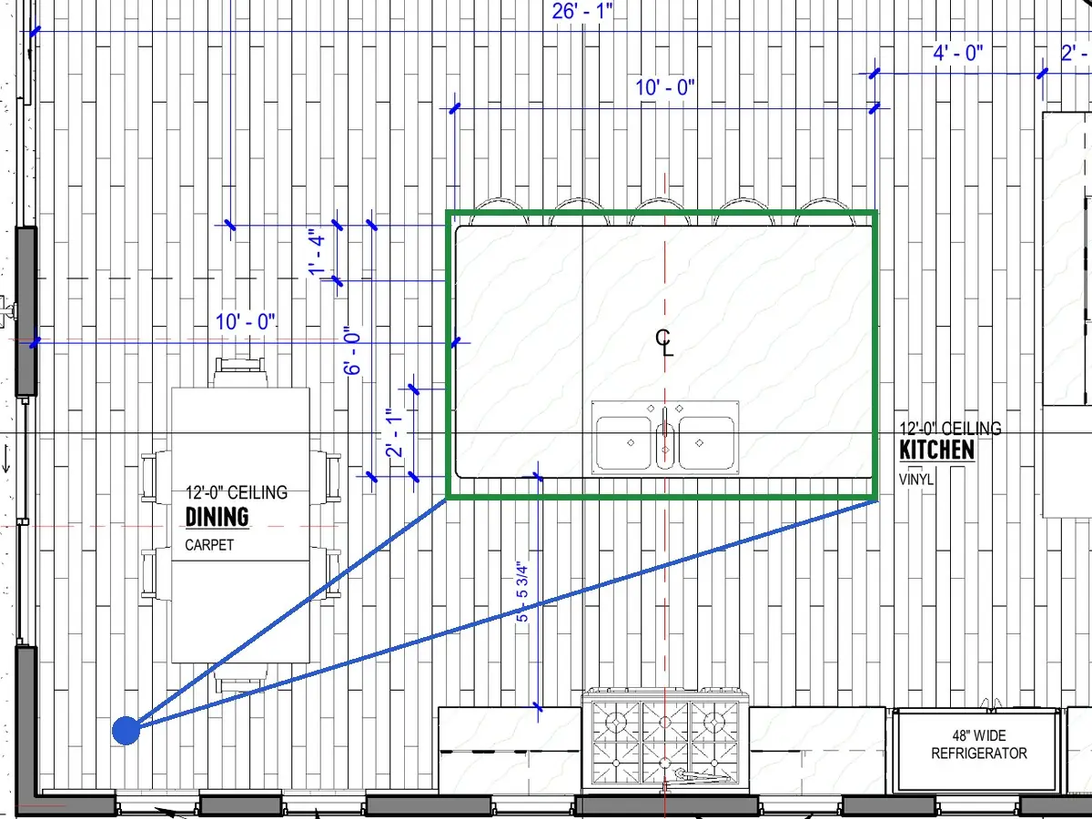 A2.1 · floor plan, boxed in green where it shows what belongs there: On A2.1 its long sink side faces this corner and its five stools are on the far side, facing the living room, as in 04, 05 and 15.