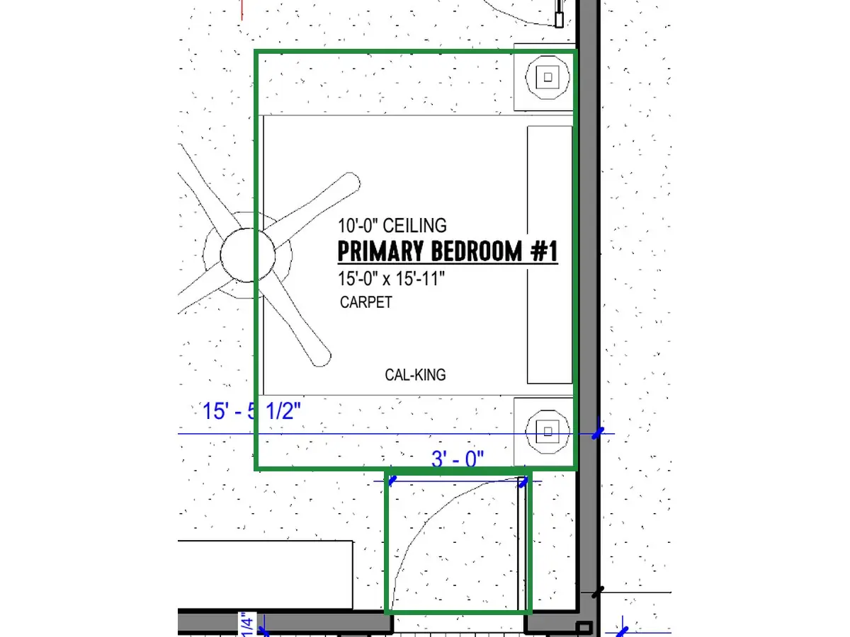 A2.1 · floor plan, boxed in green where it shows what belongs there: On A2.1 the California king and its nightstands, about 9 ft across in all, are centered on the far wall, with the door's swing beside them; in the photo they were about 12 ft.