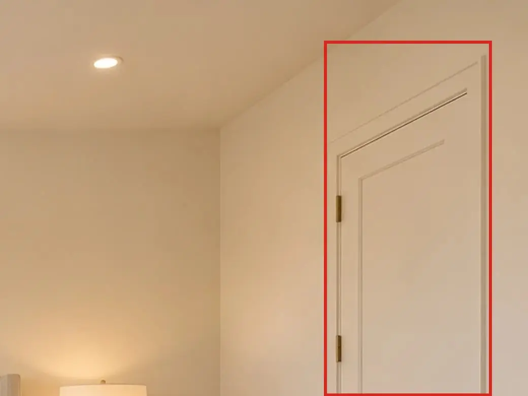 Primary bedroom, as first drawn, the mistake boxed in red: The bedroom's entry door, door 3, was drawn square-topped, where the great room shows it with a round top.