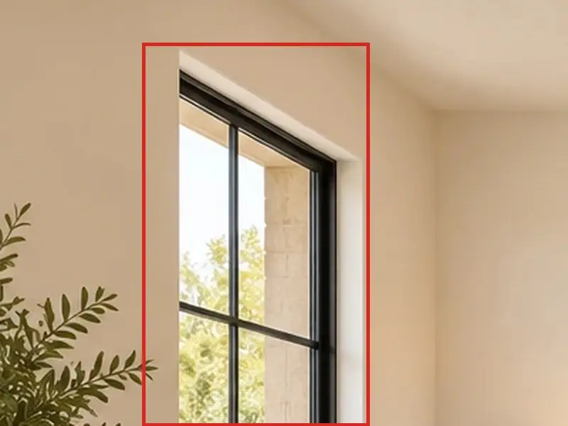 Primary bedroom, as first drawn, the mistake boxed in red: Through the window: a stone pillar, trees and open sky.