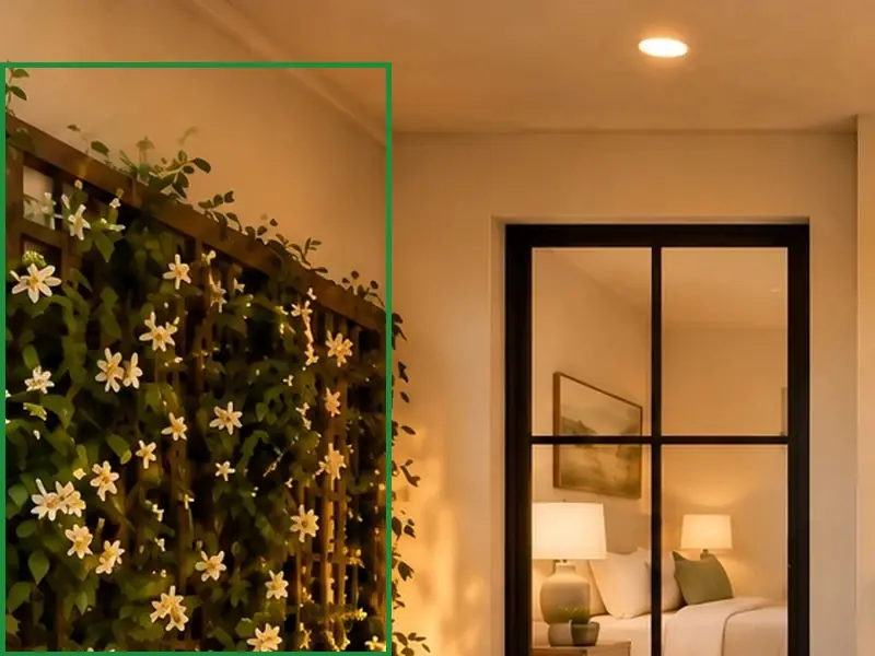 11 · the approved photo, boxed in green where it shows what belongs there: That window looks into the covered garden's corner, onto the stucco wall a few feet away where 11 shows the jasmine trellis.