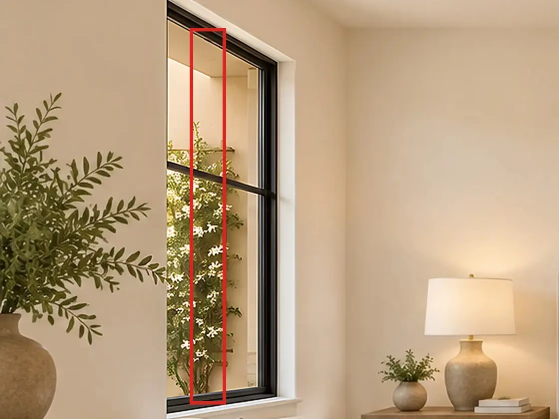 Primary bedroom, as first drawn, the mistake boxed in red: The edit that fixed the view dropped the window's upright bar, leaving two panes.