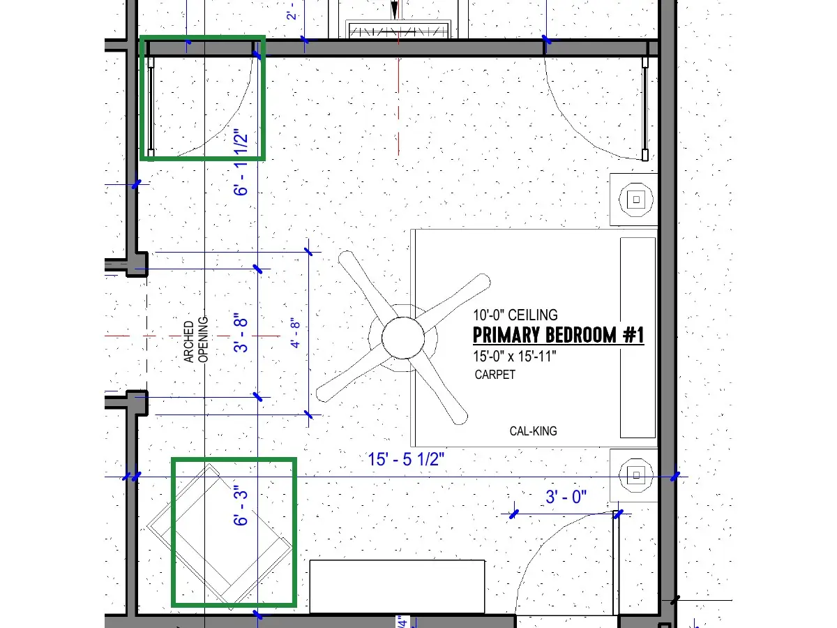 A2.1 · floor plan, boxed in green where it shows what belongs there: On A2.1 that door swings in from its west jamb, its leaf ending against the west wall, and the armchair sits in the corner by the closets.