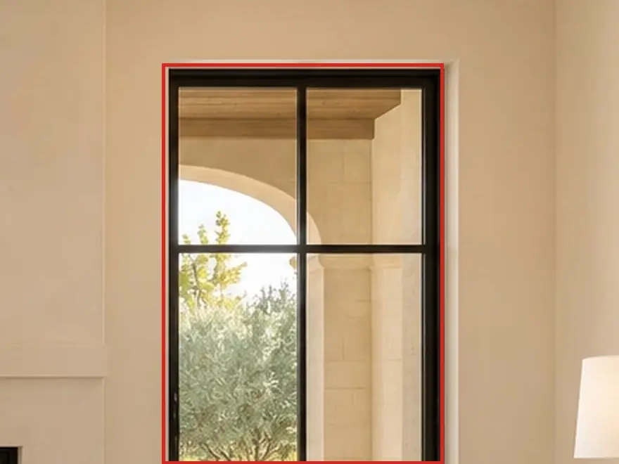 Primary bedroom toward the fireplace, as first drawn, the mistake boxed in red: Through the windows: stone arches and columns, where the garden is plain stucco with the jasmine trellis on its east wall.