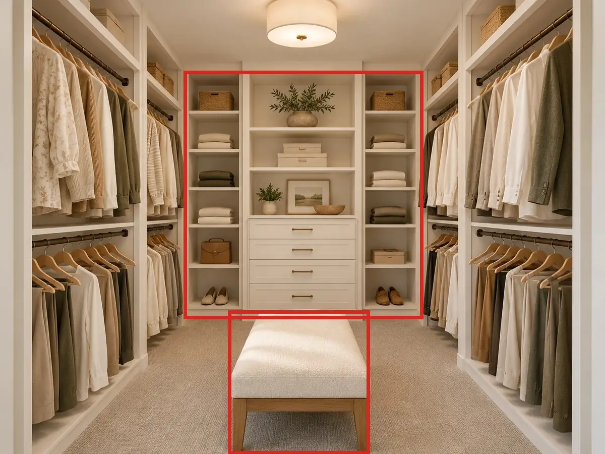 Primary walk-in closet, as first drawn, the mistake boxed in red: The closet was drawn about twice as deep as it is, with a bench in the middle.