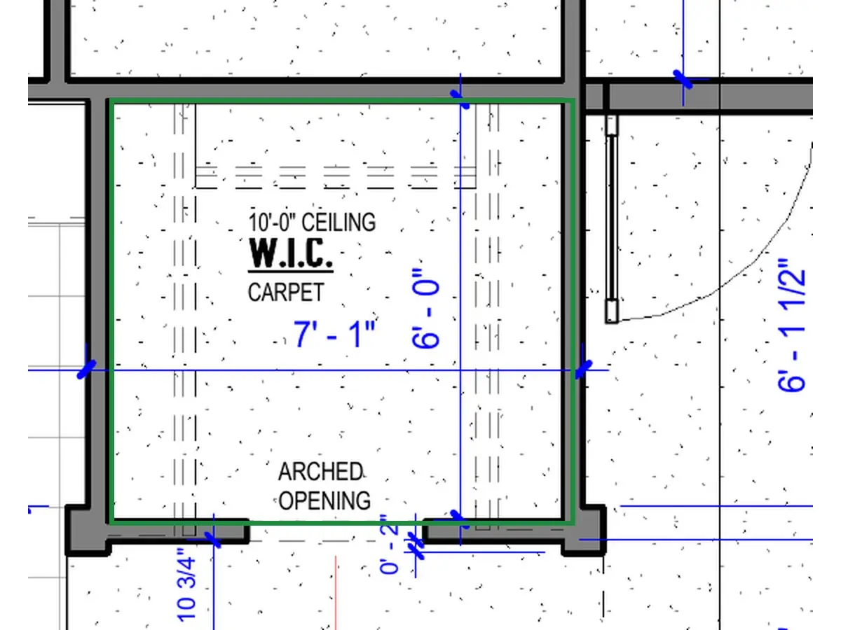 A2.1 · floor plan, boxed in green where it shows what belongs there: A2.1: 7'-1" wide and 6'-0" deep from the arched opening, so the back wall fills most of the photo.