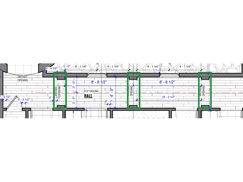 A2.1 · floor plan, boxed in green where it shows what belongs there: The hall has three bays between its arches (A2.1), with one lantern in each.