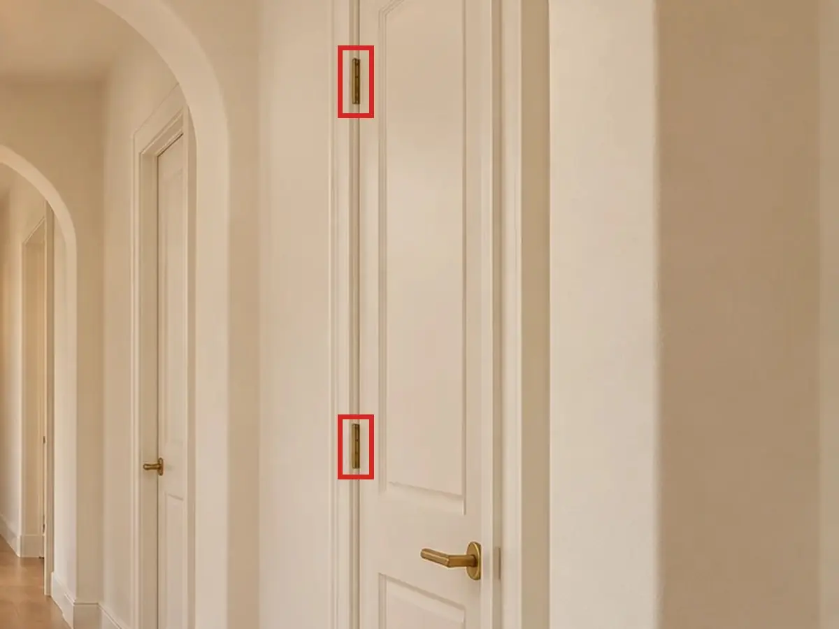 Hall, as first drawn, the mistake boxed in red: The laundry door showed its hinges from the hall, as if it swung out into the hall.