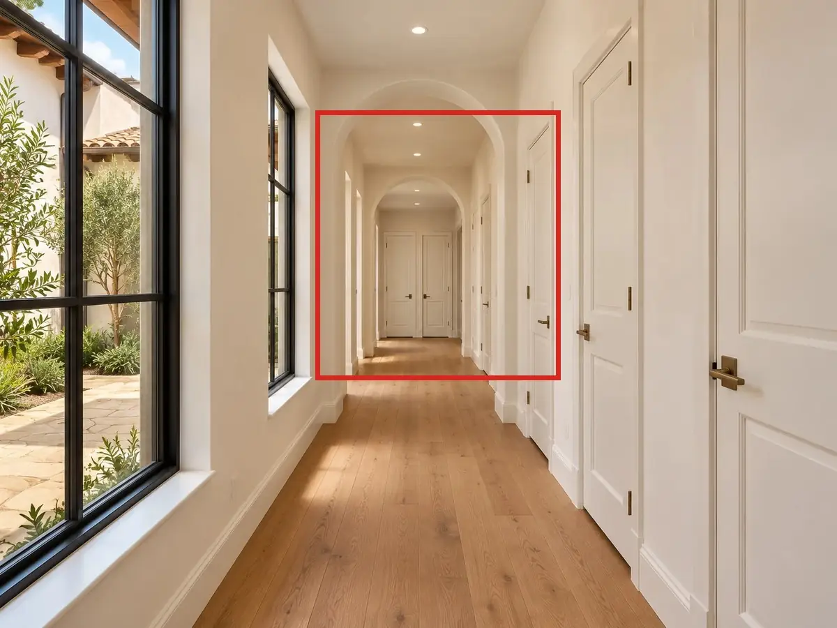 Hall, as first drawn, the mistake boxed in red: Two arches crossed the hall, with both courtyard windows bunched before them and two doors at the end.