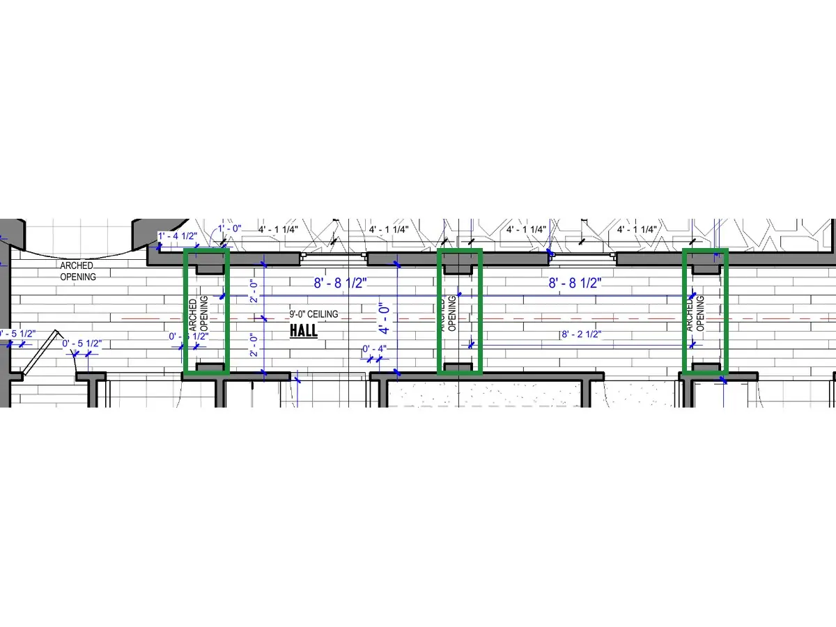 A2.1 · floor plan, boxed in green where it shows what belongs there: A2.1 has three arched openings dividing the hall into bays, a courtyard window in each of the first two, and one door at the far end.