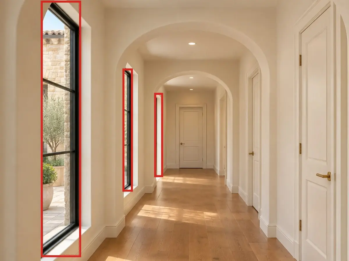 Hall, as first drawn, the mistake boxed in red: Inside, the same two windows ran from the floor almost to the ceiling, and a third, narrow one stood past the third arch.