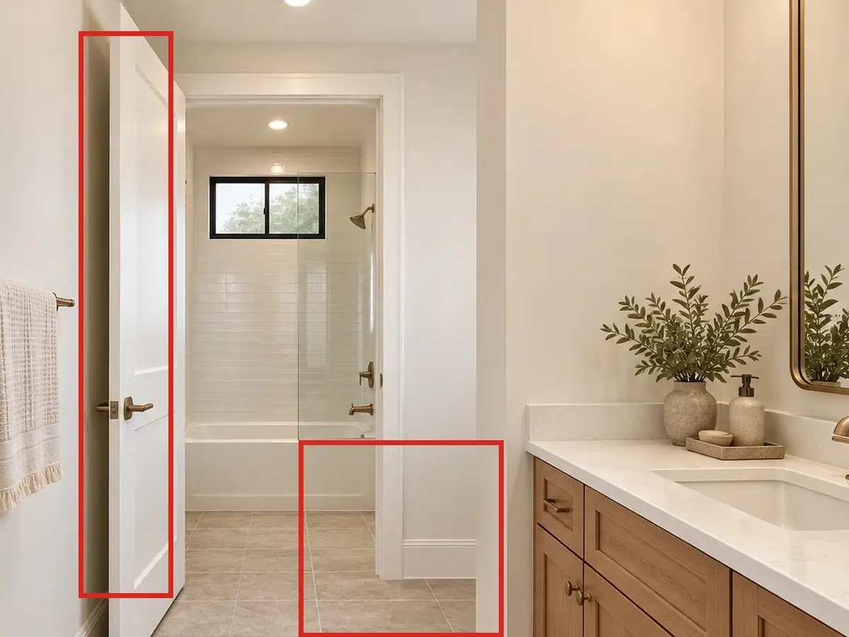 Bath 2, as first drawn, the mistake boxed in red: The inner door swung out toward the camera, and no toilet showed through the doorway.