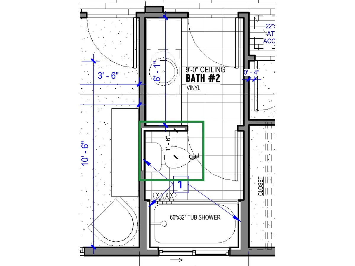 A2.1 · floor plan, boxed in green where it shows what belongs there: On A2.1 that door swings into the back part, which holds the toilet and the tub together: the toilet just inside on the right, the tub across the far wall.