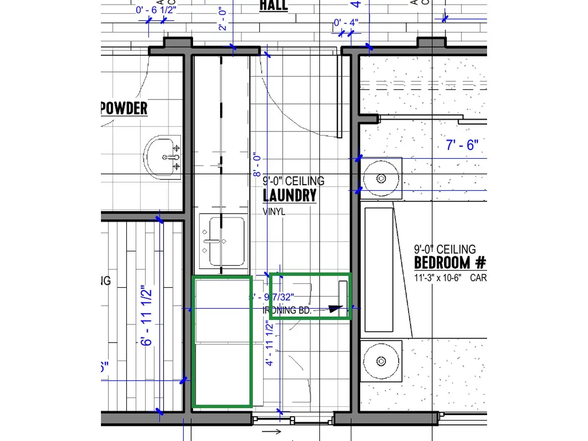 A2.1 · floor plan, boxed in green where it shows what belongs there: A2.1 labels it farther down the same wall, across from the washer.