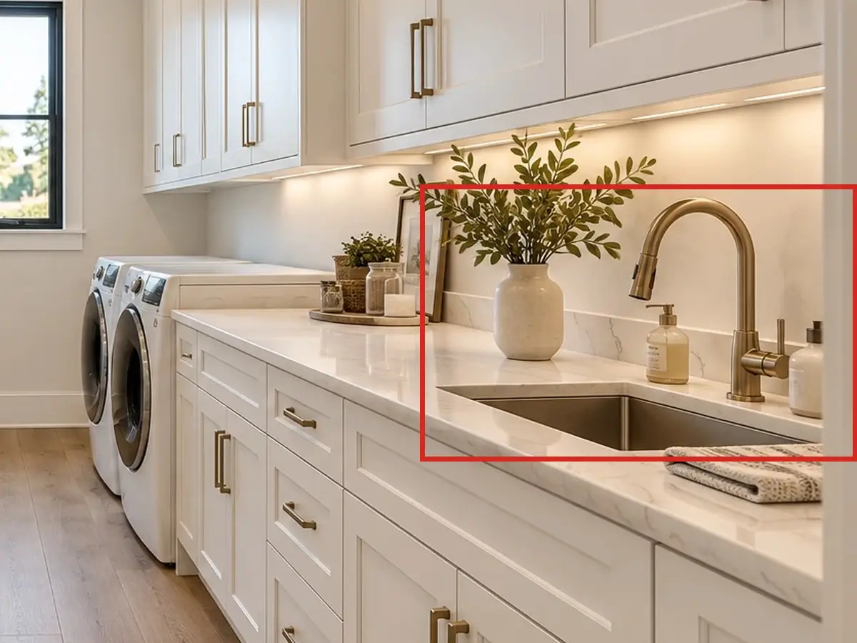 Laundry, as first drawn, the mistake boxed in red: The sink was at the near end of the counter.