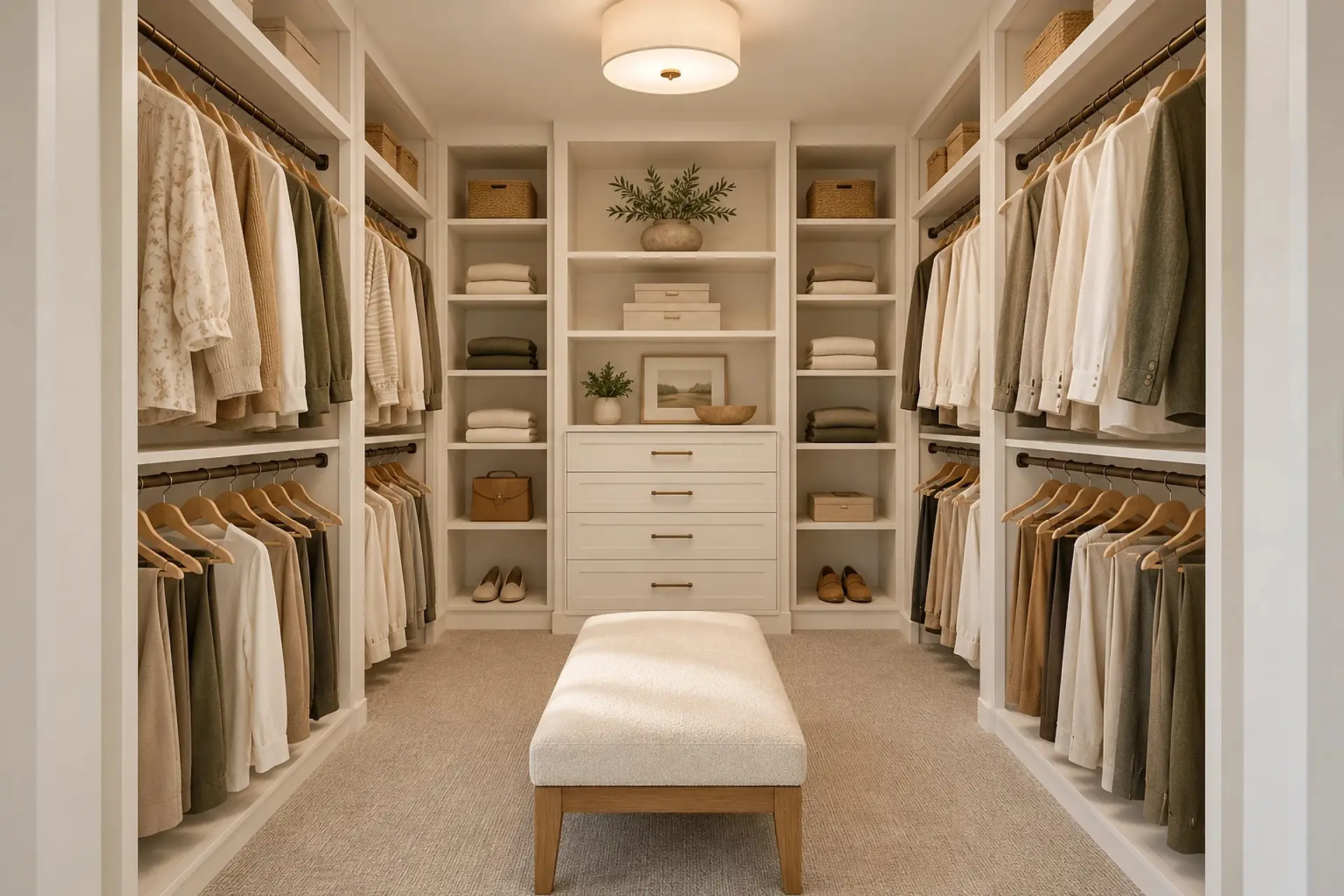 Rendering of the primary walk-in closet: double hanging rods along both side walls, shelves and drawers on the far wall, and an upholstered bench in the middle.