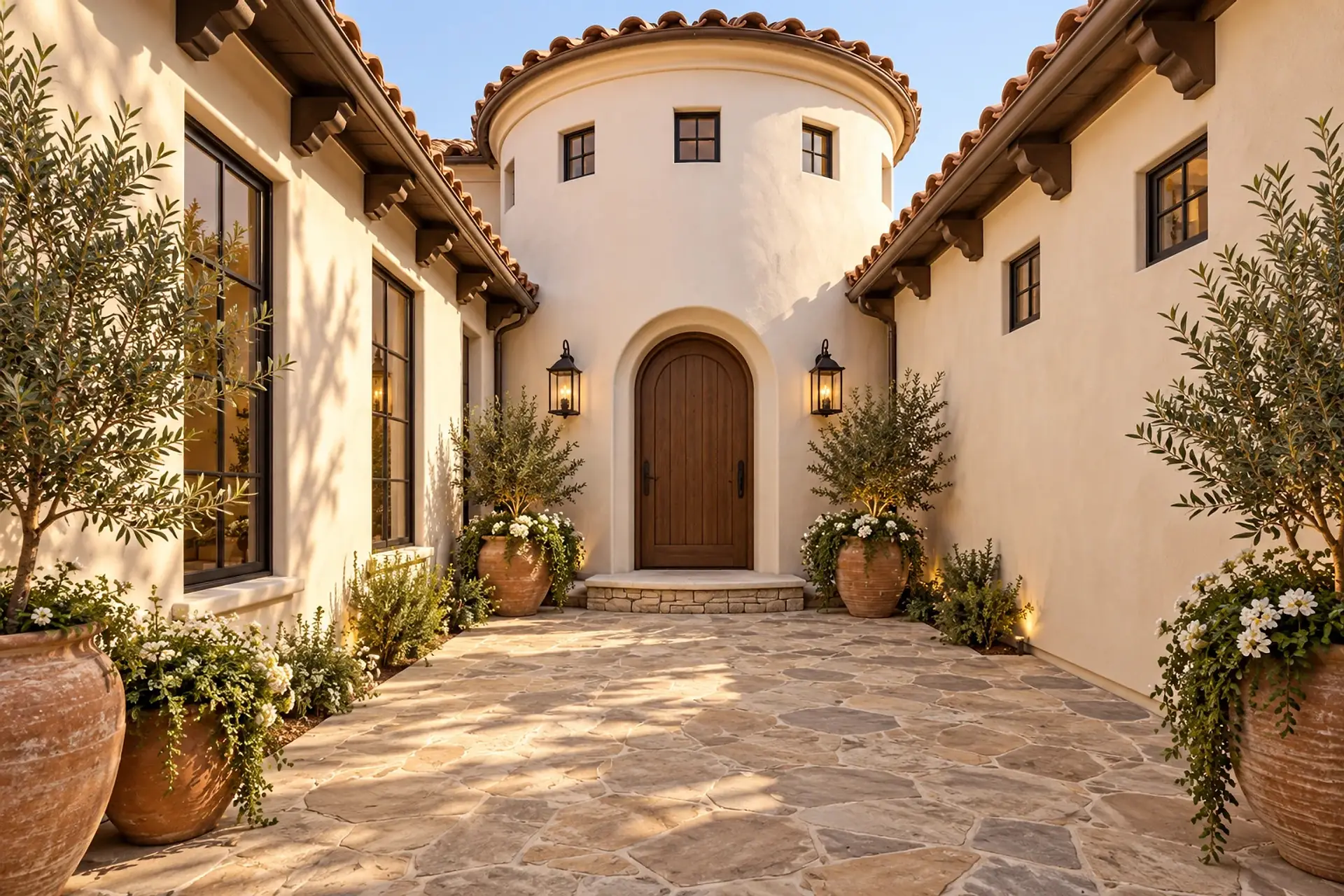 Rendering of the gated entry courtyard: flagstone paving and potted olive trees between two cream stucco wings, leading to the arched wood front door at the base of the round entry tower.