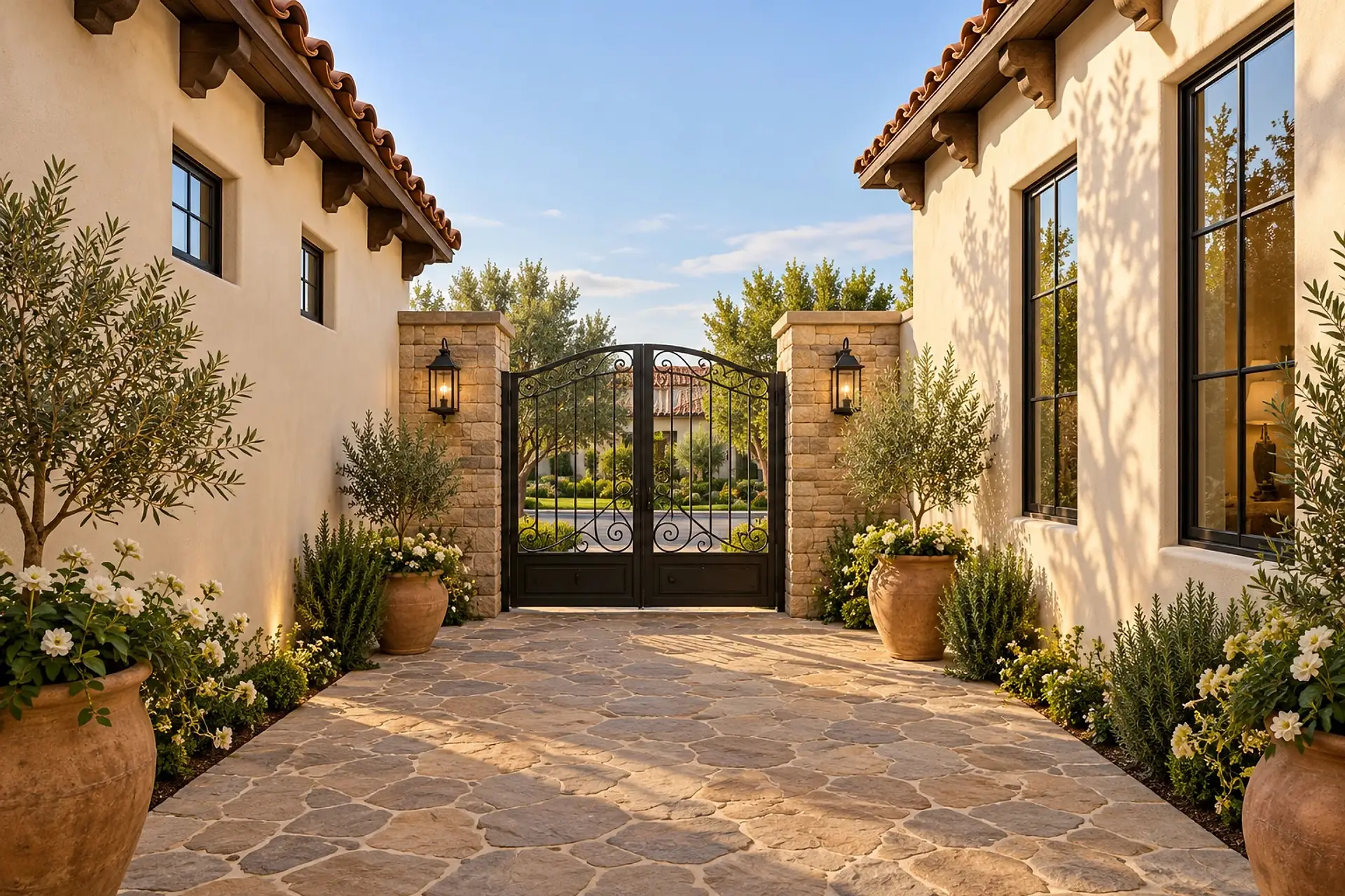 Rendering of the entry courtyard from the front door: flagstone paving between the stucco walls, leading to the closed wrought-iron gate between two stacked-stone piers.