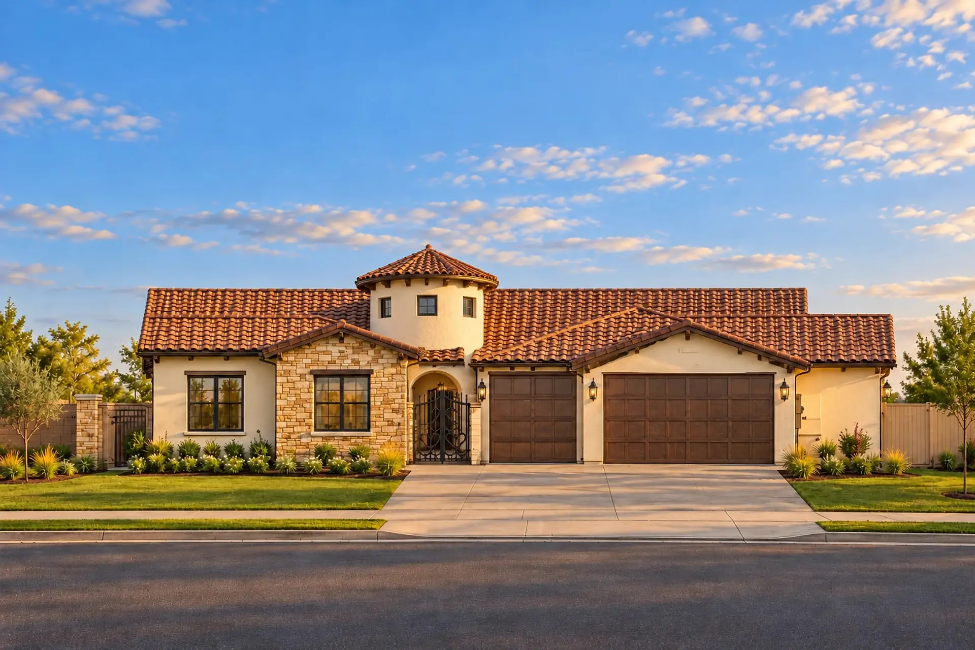 Rendering of the Aria model home straight on from the street: a stone-clad gable on the left, the round stucco entry tower over a wrought-iron courtyard gate in the middle, and two wood garage doors on the right.
