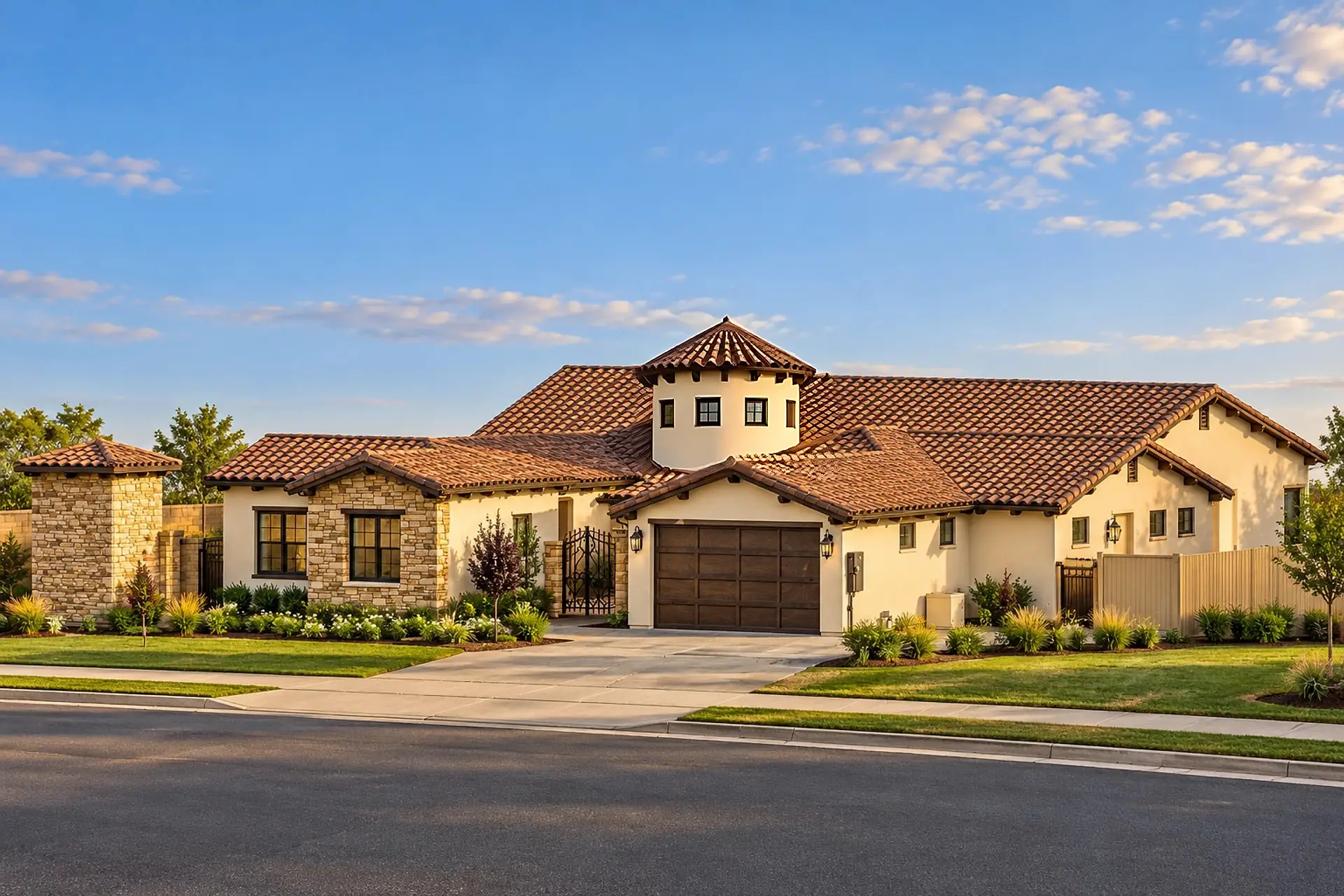 Rendering of the Aria model home from the street corner at golden hour: a single-story Spanish-style home in cream stucco under clay tile roofs, with a stone-clad front gable, a round stucco entry tower rising behind the courtyard gate, and wood garage doors.