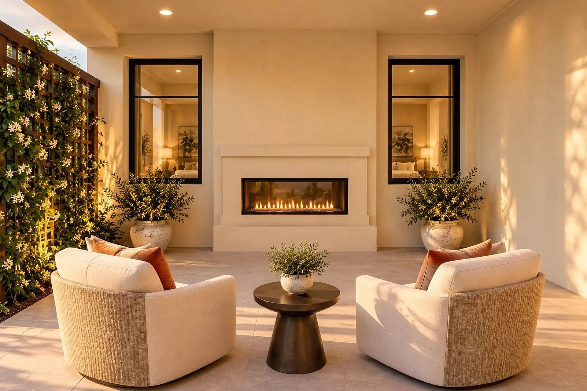 Rendering of the covered private garden: a gas fireplace in a plaster surround between two windows into the primary bedroom, two swivel chairs and a side table, and climbing jasmine on a wood trellis.
