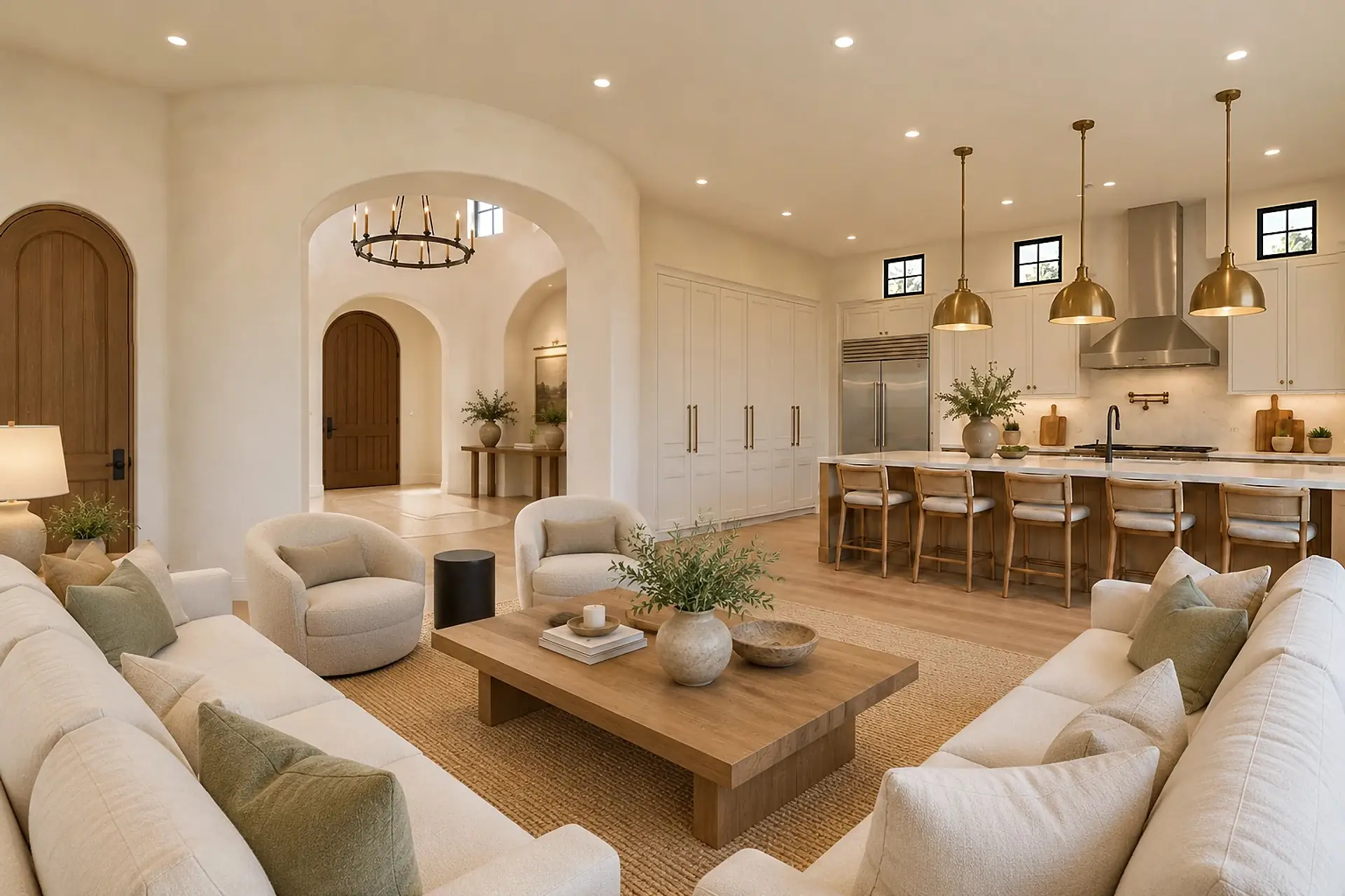 Rendering of the great room from its back corner: two cream sofas facing each other across a wood coffee table, swivel chairs, the rotunda's curved wall with its arched opening, and the kitchen with its long island, five stools and brass pendants.