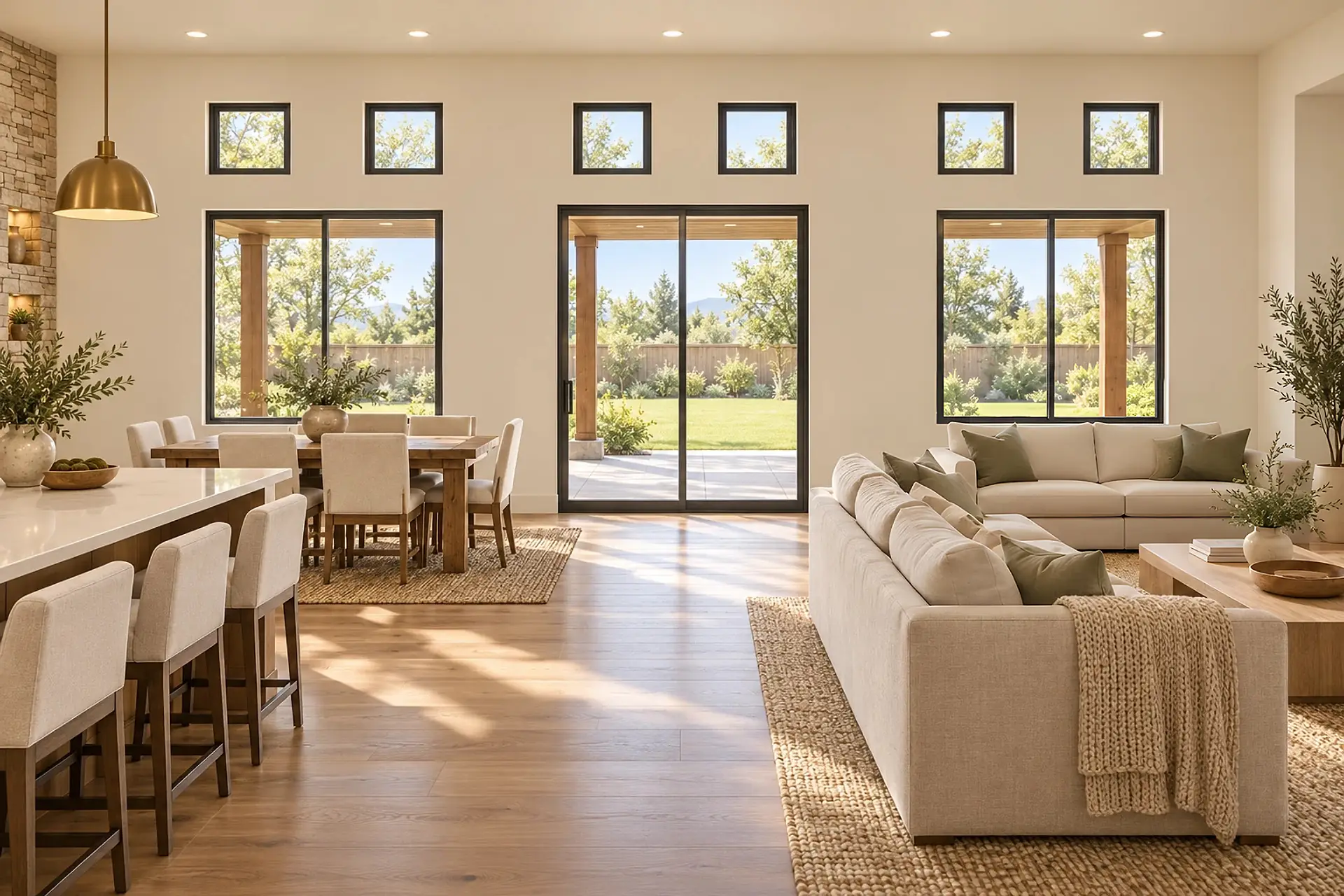 Rendering of the great room toward the covered patio: a sliding glass door between two windows under small square transoms, sofas facing into the room, and the island's stools in the foreground.