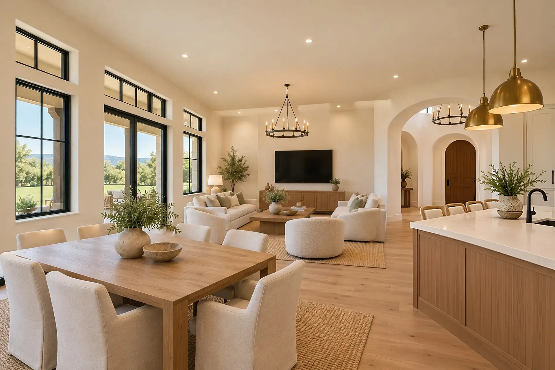 Rendering of the great room from the dining table: black-framed windows and a sliding door down the left wall under small transoms, the seating area facing the TV on the far wall, and the kitchen island on the right.