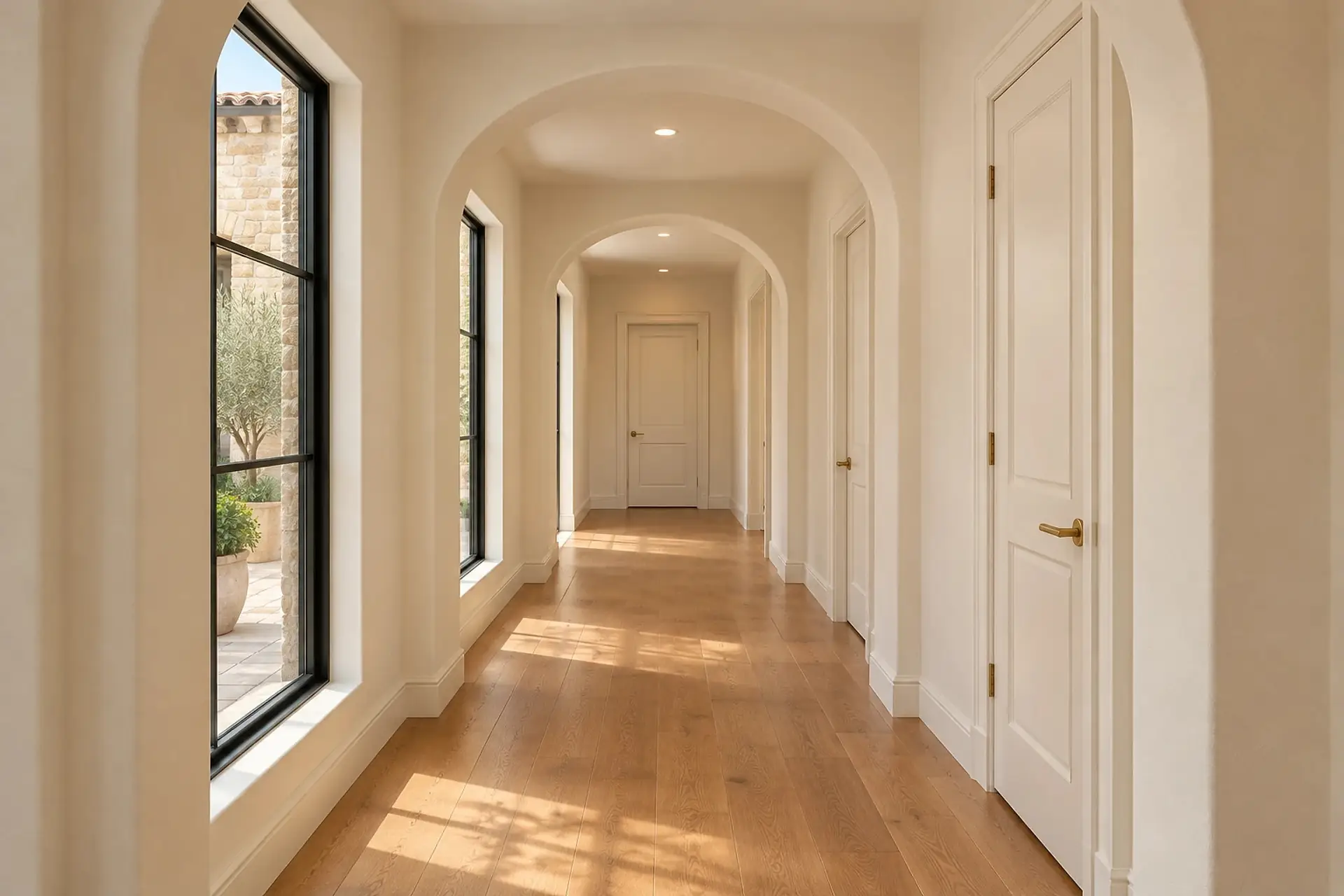 Rendering of the bedroom hall: oak floors, plaster arches down its length, tall windows on the left looking into the courtyard, doors on the right, and one door at the far end.