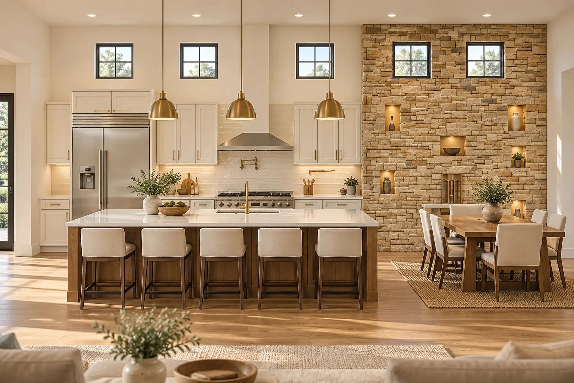 Rendering of the kitchen and dining area: white cabinets, a stainless range hood and built-in refrigerator, a long quartz island with five stools under brass pendants, and the dining table beside a stacked-stone wall with lit niches.