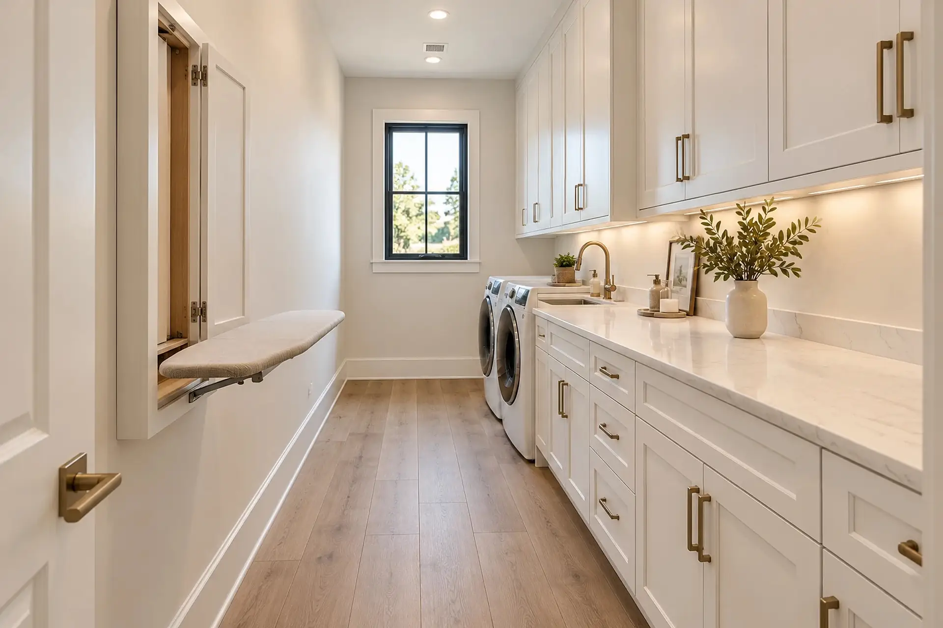 Rendering of the laundry: white cabinets and a quartz counter along the right wall, with the sink at the far end beside the washer and dryer, a fold-down ironing board on the left, and a window at the end.