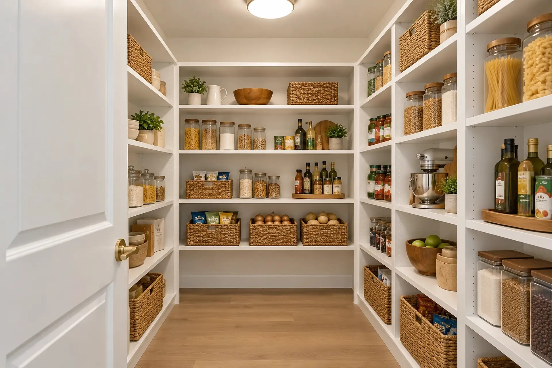 Rendering of the walk-in pantry: white shelves stocked with jars, baskets and bottles on three walls, with the door open on the left.